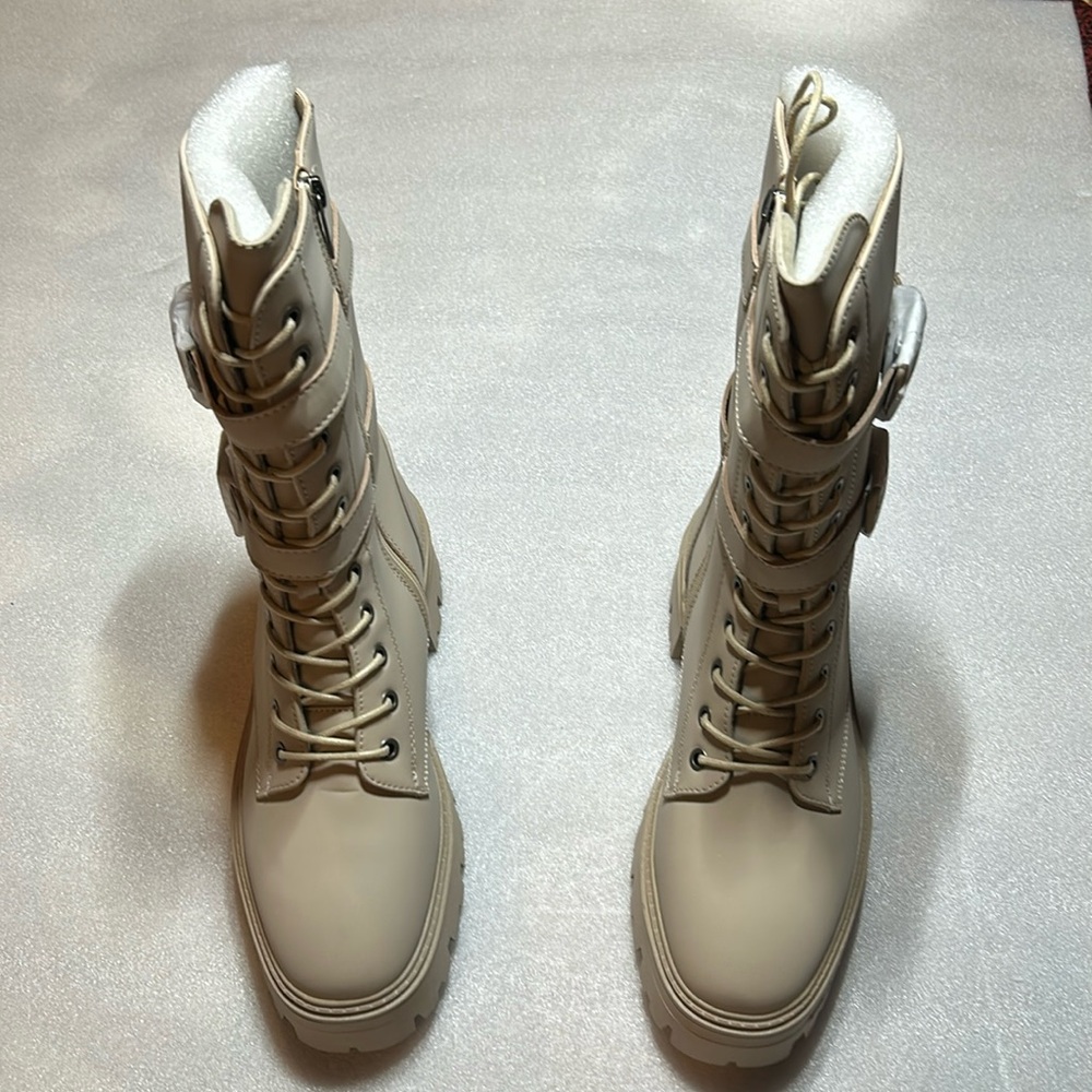 Brand new beige PU leather combat boots sz 10 NIB